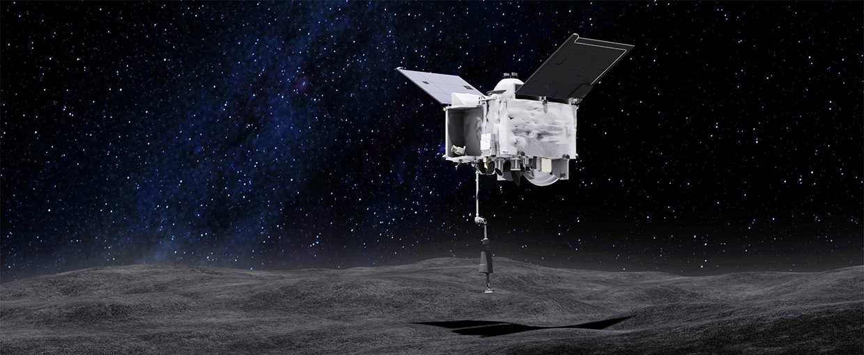 This artist's concept shows the Origins Spectral Interpretation Resource Identification Security - Regolith Explorer (OSIRIS-REx) spacecraft contacting the asteroid Bennu with the Touch-And-Go Sample Arm Mechanism or TAGSAM.