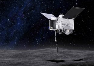 This artist's concept shows the Origins Spectral Interpretation Resource Identification Security - Regolith Explorer (OSIRIS-REx) spacecraft contacting the asteroid Bennu with the Touch-And-Go Sample Arm Mechanism or TAGSAM.