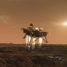 This artist's conception depicts NASA's Phoenix Mars Lander a moment before its touchdown on the arctic plains of Mars.