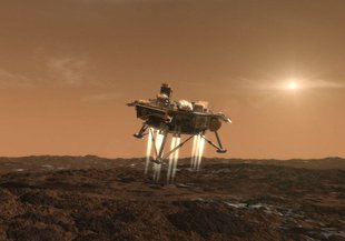This artist's conception depicts NASA's Phoenix Mars Lander a moment before its touchdown on the arctic plains of Mars.