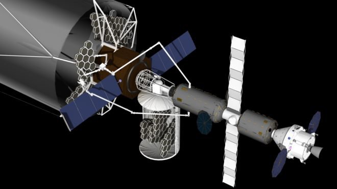 A visualization of the assembly in space of a large segmented telescope, with work being done by astronauts and robots.  The honeycomb blocks are parts of the mirror, and the grey cylinders on the right are habitats for astronauts.  (NASA)