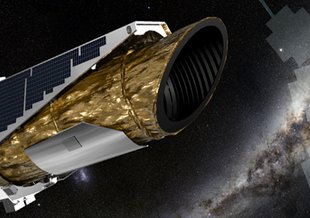 This artistic impression shows NASA's planet-hunting Kepler spacecraft operating in a new mission profile called K2. In May the spacecraft began its new mission observing in the ecliptic plane, the orbital path of Earth around the sun, depicted by the gre