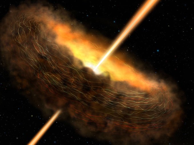 Artist’s conception of the core of Cygnus A, including the dusty donut-shaped surroundings, called a torus, and jets launching from its center.