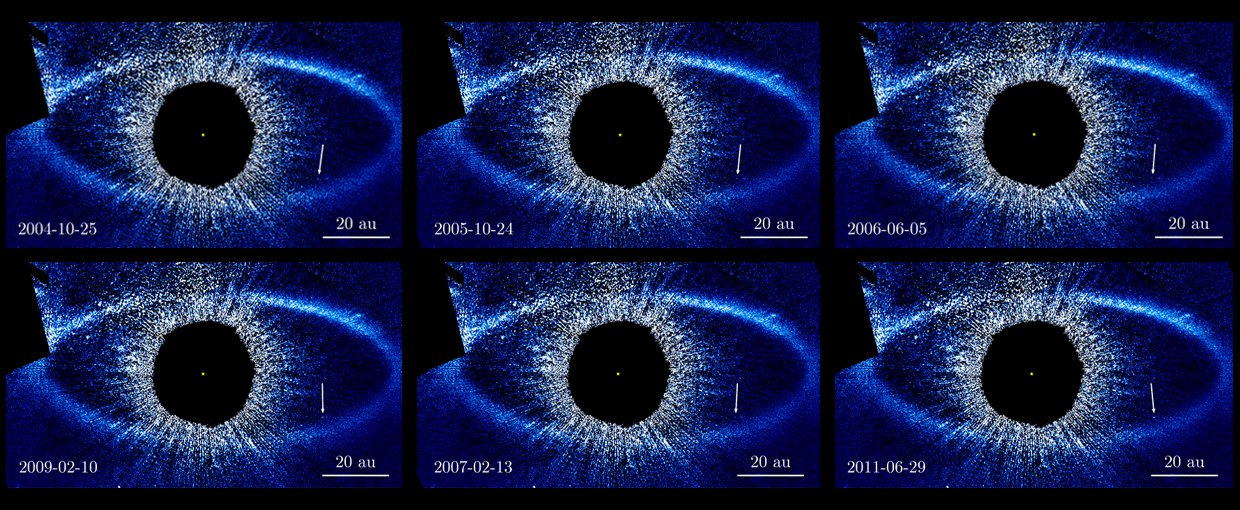 Fomalhaut b on its 1,700 year elliptica orbit, as seen here in five images taken by the Hubble Space Telescope over seven years.  The bar shows a distance of 20 astronomical units, or 20 times the distance from the Sun to the Earth.