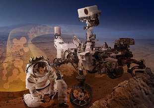 Artist representation of human and robotic Mars exploration.