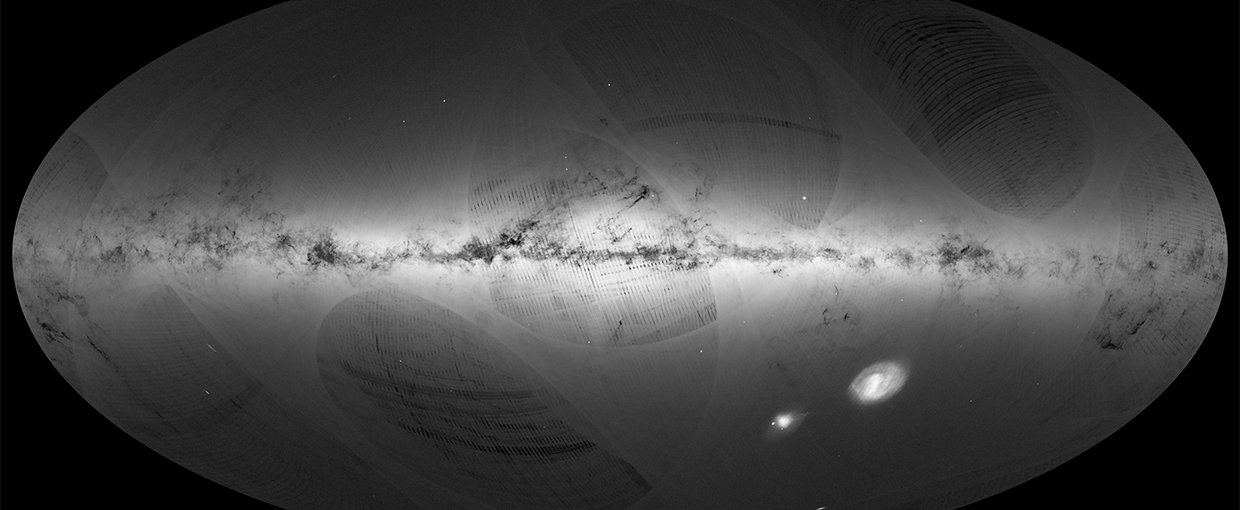 An all-sky view of stars in our Galaxy – the Milky Way – and neighbouring galaxies, based on the first year of observations from ESA’s Gaia satellite, from July 2014 to September 2015.