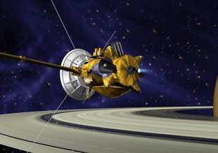 Artwork showing Cassini flying toward the camera. It looks as if the spacecraft is cruising over the rings of Saturn with the planet visible in the background to the right of the frame.