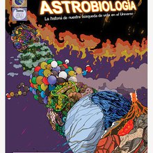 The cover of Issue 9 shows a series of planets representing disciplines of astrobiology. In front is geology, a rocky planet with volcanoes. An ocean world is half ice, half water. A microbial planet is a ball of cells. Chemistry is a ball of molecules.