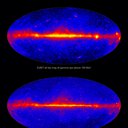 Top: The EGRET sky as seen in gamma rays above 100 MeV. Bottom: The all-sky map produced by Fermi's Large Area Telescope (LAT)