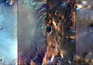 Martian surface frost, made up largely of carbon dioxide, appears blueish-white in these images from the Thermal Emission Imaging System (THEMIS) camera aboard NASA’s 2001 Odyssey orbiter.