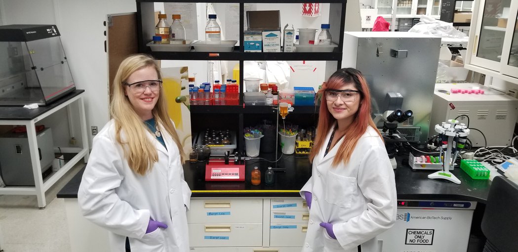 Laurie and Erika stand in front of a lab bench. The shelves above the bench are full of beakers and jars. Laurie has long, blond hair past her shoulders. Erika has red hair past her shoulders. Both women wear safety goggles and white lab coats.