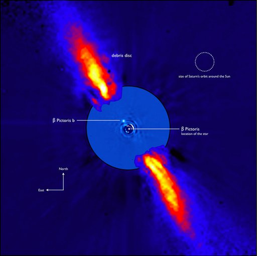 Composite image of the close environment of Beta Pictoris as seen in near infrared light. The planet β Pictoris b was the first planet as close to its host star as Saturn is to the Sun to be directly imaged.