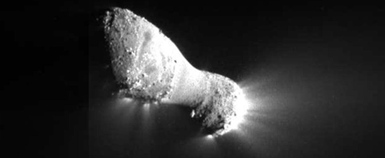 Comet Hartley 2 as seen by the Deep Impact spacecraft on Nov. 4, 2010 at 9:59 a.m. Eastern. The comet's nucleus is approximately 1.2 miles (2 kilometers) long.