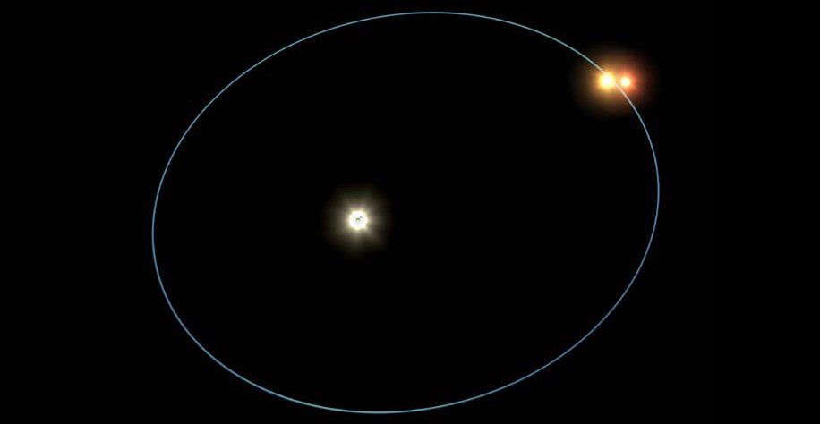 This artist's concept shows the orbits of a triple-star system called HD 188753, which was discovered to harbor a gas giant, or "hot Jupiter," planet.