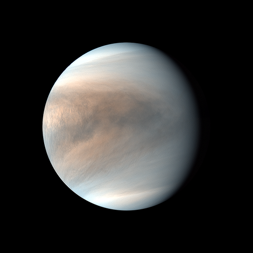 The thick atmosphere of Venus can be seen in this image captured by the Akatsuki orbiter. This is a synthesized false color image of Venus using 283-nm and 365-nm images.