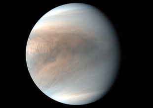 The thick atmosphere of Venus can be seen in this image captured by the Akatsuki orbiter. This is a synthesized false color image of Venus using 283-nm and 365-nm images.