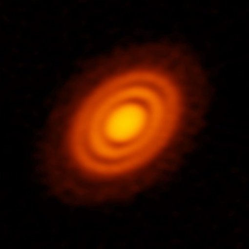 ALMA image of the protoplanetary disk surrounding the young star HD 163296 as seen in dust.