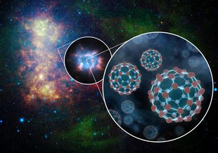 This is an artist's concept depicting the presence of buckyballs in space. Buckyballs, which consist of 60 carbon atoms arranged like soccer balls, have been detected in space before by scientists using NASA's Spitzer Space Telescope.