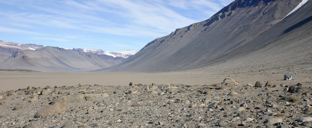 Wright Valley, one of the McMurdo Dry Valleys in Antarctica, where extremophile cyanobacteria, called hypoliths, live.