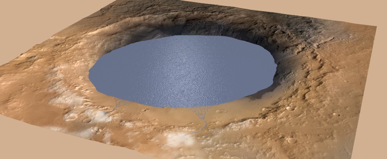 This illustration depicts a lake of water partially filling Mars' Gale Crater.