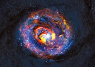 This detailed view shows the central parts of the nearby active galaxy NGC 1433. The coloured structures near the center are from ALMA observations that have revealed a spiral shape, as well as an unexpected outflow, for the first time.