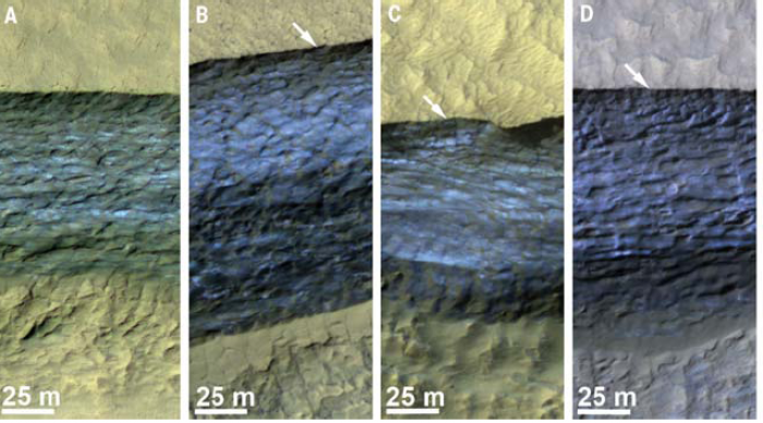Enchanced-color traverse section of martian icy scarps in late spring to early summer. Arrows indicate locations where relatively blue material is particularly close to the surface. Image taken by HiRISE camera on Mars Reconnaissance Orbiter.