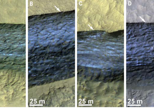 Enchanced-color traverse section of martian icy scarps in late spring to early summer. Arrows indicate locations where relatively blue material is particularly close to the surface. Image taken by HiRISE camera on Mars Reconnaissance Orbiter.