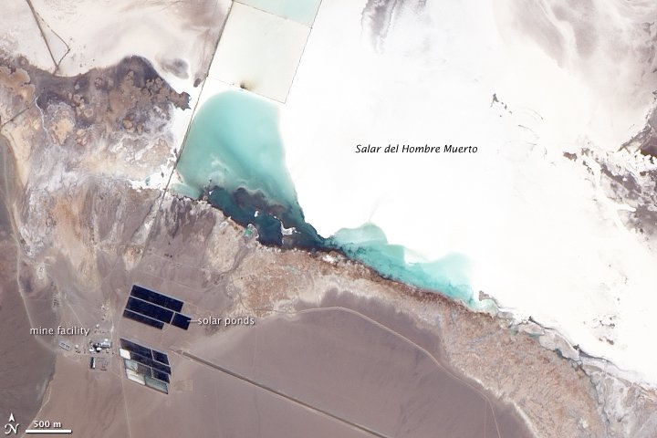 True-color image of the Salar del Hombre Muerto in northwestern Argentina. A salar is a salt pan, created when water repeatedly evaporates from a shallow lake, leaving behind a crusty layer of salt minerals, which are brilliant white in this image.