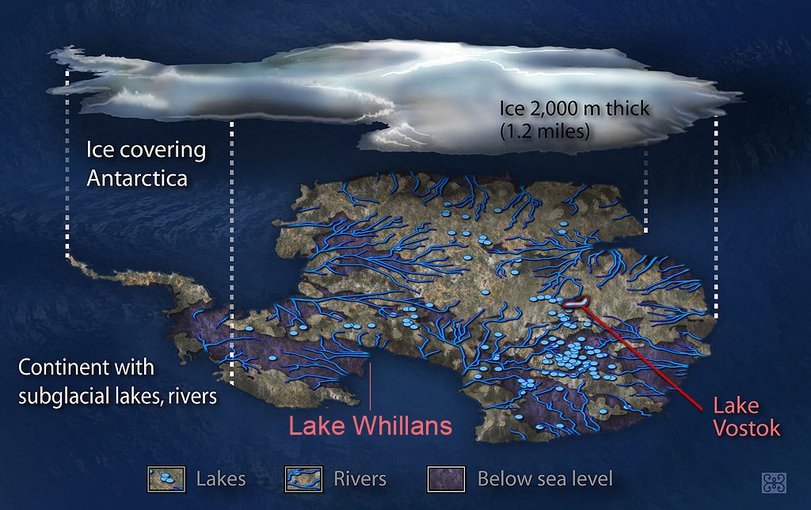 An artist's conception of the Antarctic subglacial environment.