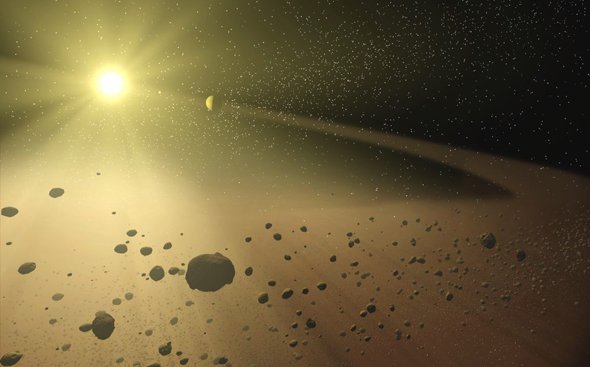 Did Tabby’s star go through periodic and deep dimming because of dust and debris clouds that passed between it and the mirror of the Kepler Space Telescope? That was an earlier explanation for the highly unusual behavior of the star, but new research makes that answer seem less likely. Artist drawing by NASA/JPL-Caltech/T. Pyle