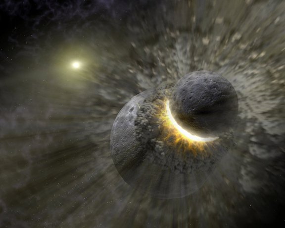 An artist’s rendering shows a planetary collision near the star Vega. The Moon may have formed from the debris of such an impact between Earth and a Mars-sized body.