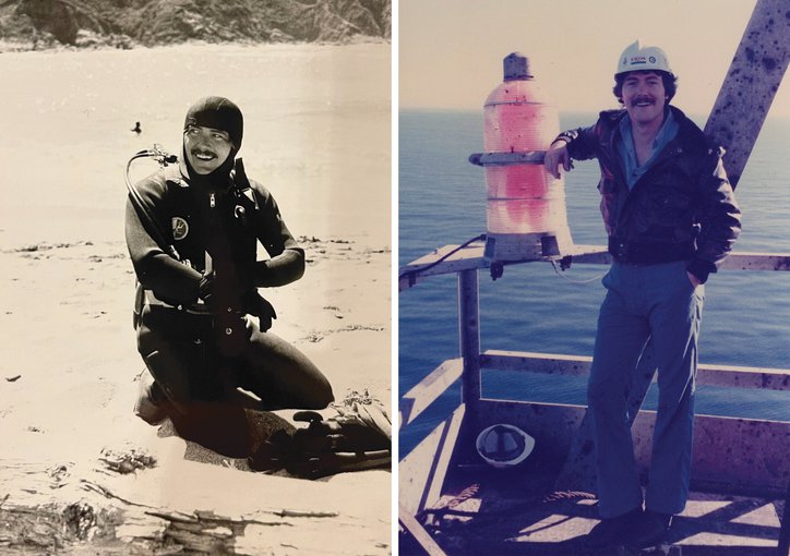 FIG. 1. Jack's early career days. (Left) Preparing for an ocean dive at Bodega Research Laboratory. (Right) On Exxon's offshore platform Harmony.