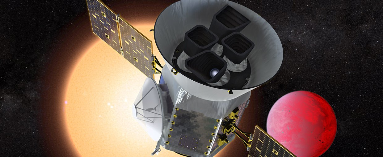 Illustration of the Transiting Exoplanet Survey Satellite (TESS) in front of a lava planet orbiting its host star. TESS will identify thousands of potential new planets for further study and observation.