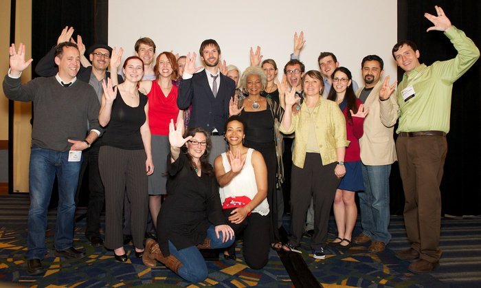 Nichelle Nichols with participants in the FameLab USA National Final in 2012, a science communication competition held in Atlanta, Georgia, during the Astrobiology Science Conference.