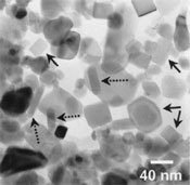 A transmission electron microscope (TEM) image of magnetite crystals from the Allan Hills meteorite ALH84001.