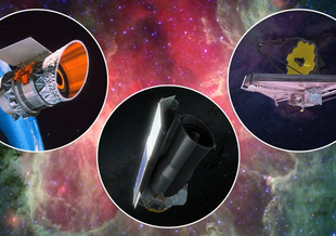 The three telescopes are shown from left to right in insets above the backdrop of an image of a galaxy glowing in pink and green light.