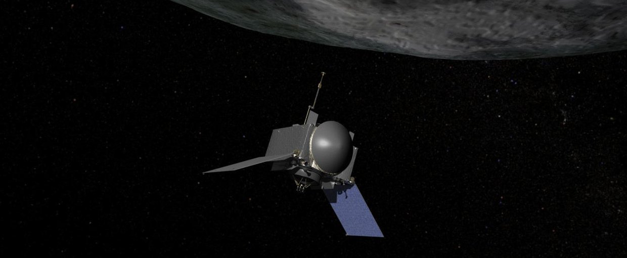 Artist’s concept of NASA’s OSIRIS-REx spacecraft preparing to take a sample from asteroid Bennu.