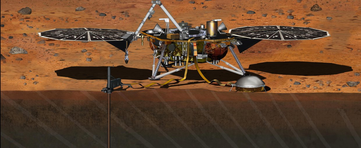 This artist's concept depicts the stationary NASA Mars lander known by the acronym InSight at work studying the interior of Mars.