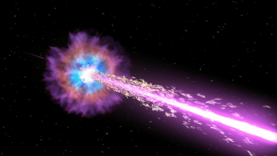 In this illustration, a black hole drives powerful jets of particles traveling near the speed of light. The jets pierce through a star, emitting X-rays and gamma rays as they stream into space.