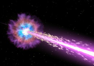 In this illustration, a black hole drives powerful jets of particles traveling near the speed of light. The jets pierce through a star, emitting X-rays and gamma rays as they stream into space.