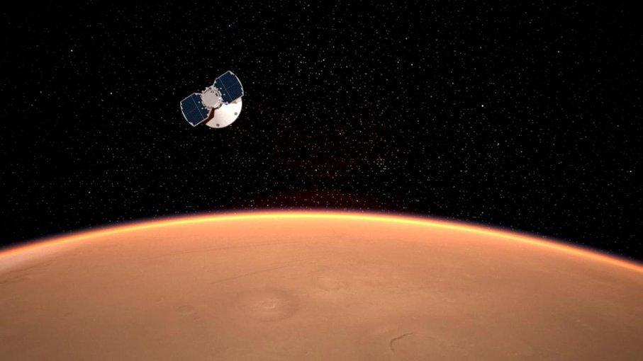 The InSight spacecraft approaches Mars in this artist's concept.