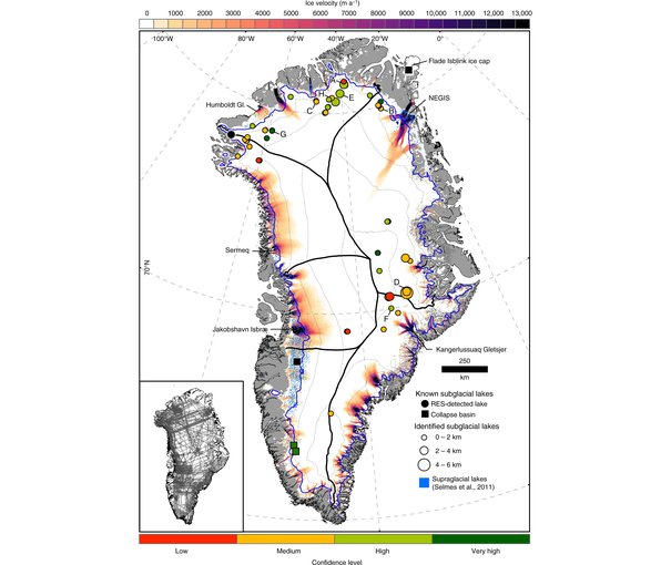 Spatial distribution of subglacial lakes identified in radar echo sounding data. Lakes are colour-coded according to confidence level and proportionate in size to the length of the lake reflector.