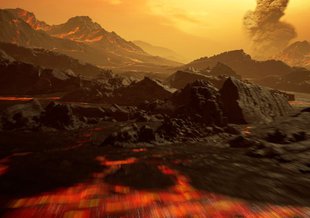 Artist impression of the surface of the newly discovered hot super-Earth Gliese 486 b. With a temperature of about 700 Kelvin (almost 800 degrees Fahrenheit), 486b possibly has an atmosphere.