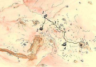 (1) Fictional landing site of the Ares 3 mission (2) Site of NASA’s Pathfinder mission and the Sojourner rover (3) Marwth Vallis, a region with numerous sites of astrobiological interest (4)  Meridiani Planum,  landing site of NASA’s Mars Exploration Rove