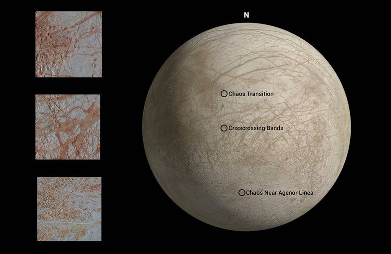 The above map shows locations where each image, showcasing a variety of features, was captured by Galileo during its eighth targeted flyby of Jupiter's moon Europa.