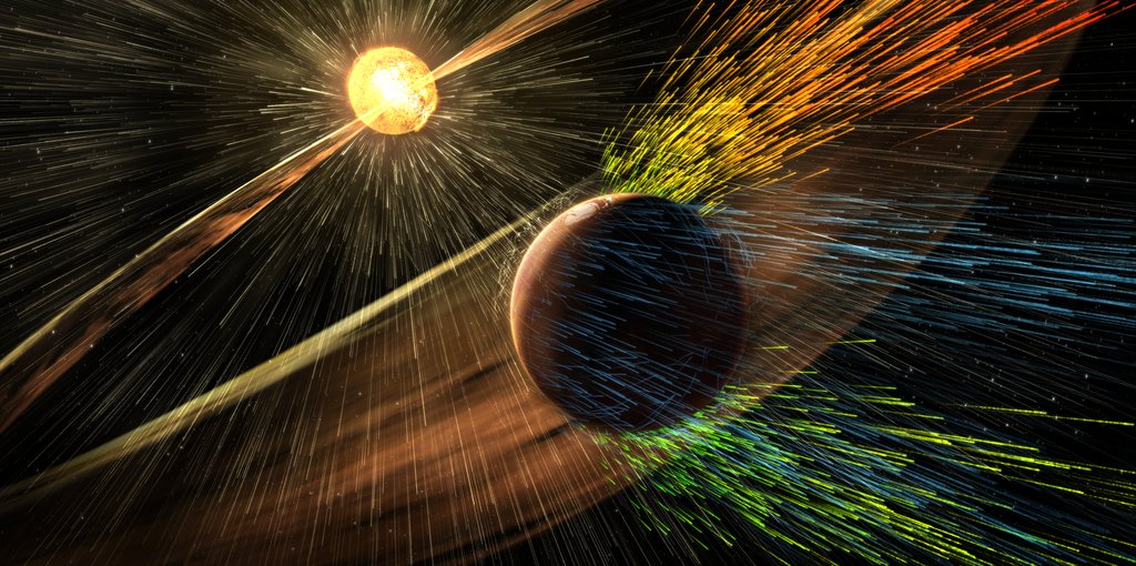 Artist’s rendering of a solar storm hitting Mars and stripping ions from the planet's upper atmosphere.