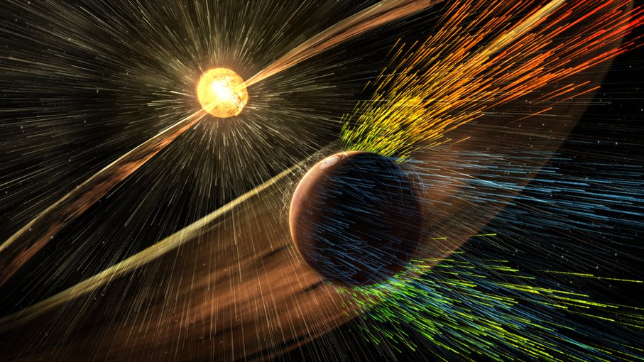 Artist’s rendering of a solar storm hitting Mars and stripping ions from the planet's upper atmosphere.