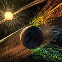 Artist’s rendering of a solar storm hitting Mars and stripping ions from the planet's upper atmosphere.