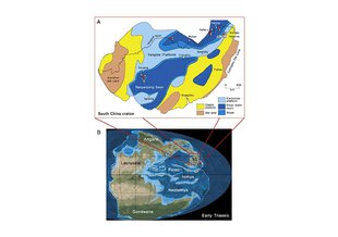 (A) Early Triassic palaeogeography of South China (modi fi ed from Feng et al., 1997). B) Early Triassic global paleogeography; base map courtesy of R. Blakey (~rcb7/).