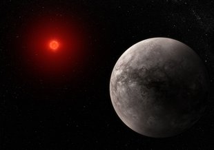 An artist illustration of TRAPPIST-1 b. To the left is a small red dwarf star. To the right and in the foreground is a rocky planet with a barren surface and no atmosphere.